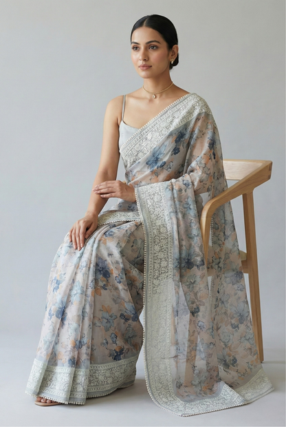 Nayara Kota Doriya Garden Saree Light Blue Grey Saree featured
