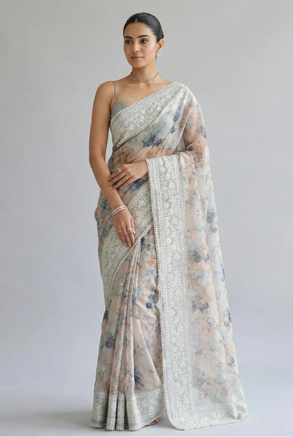 Nayara Kota Doriya Garden Saree Light Blue Grey Saree featured