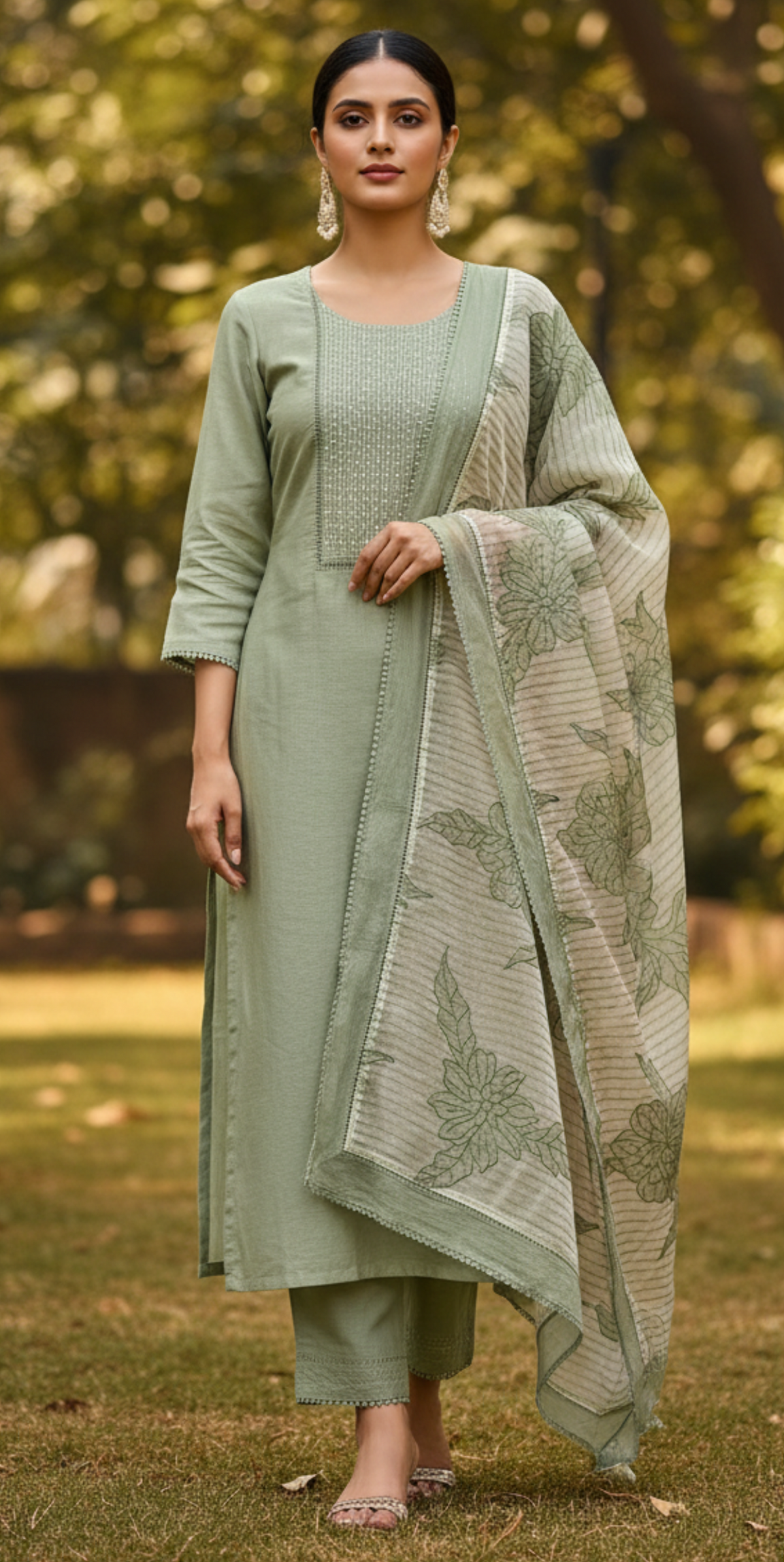 Pearl Ladder Mal Chanderi Kurti Material Mint Green featured