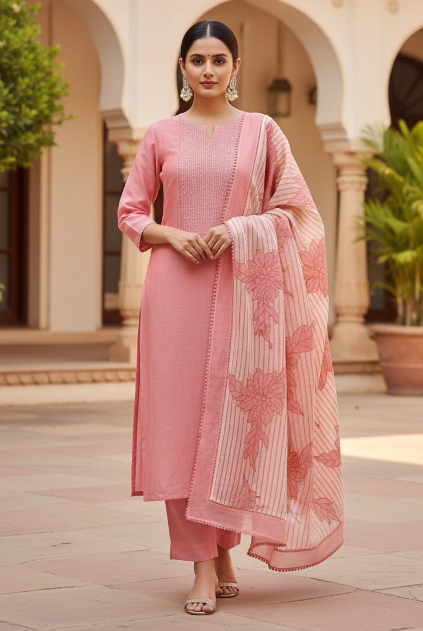 Pearl Ladder Mal Chanderi Kurti Material Rose Pink featured