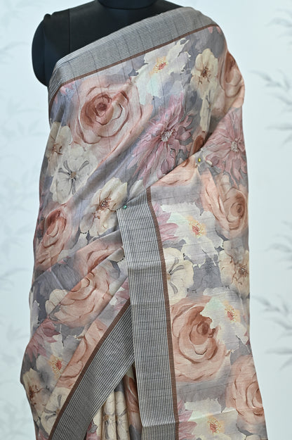 Rohini Bloom Semi Tussar Saree Grey featured