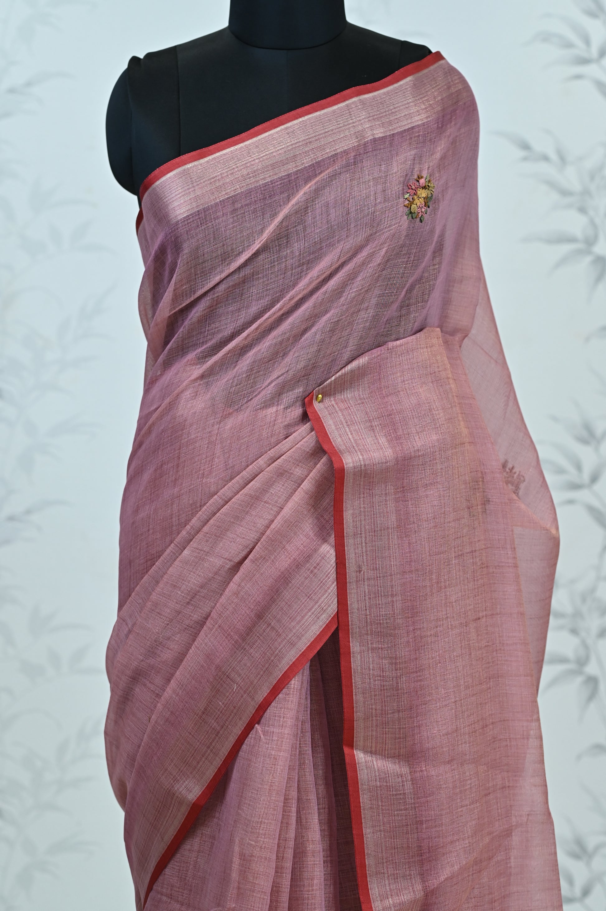 Saanvi Bloom Linen Tissue Saree Pink Saree featured
