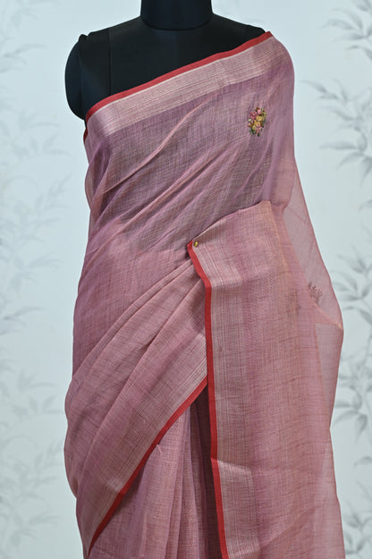 Saanvi Bloom Linen Tissue Saree Pink Saree featured