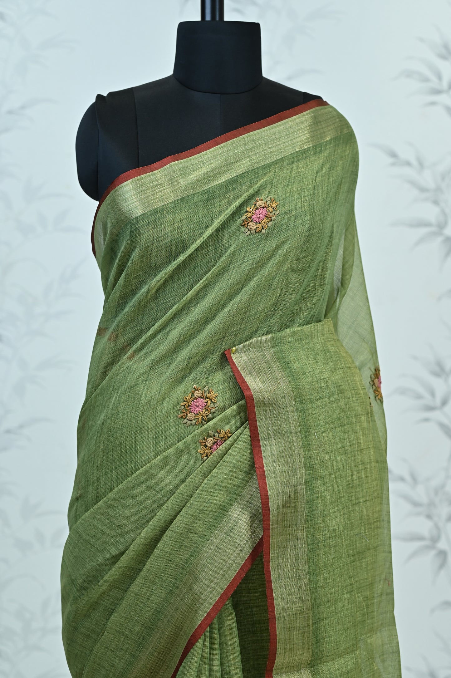 Saanvi Bloom Linen Tissue Saree Green Saree featured
