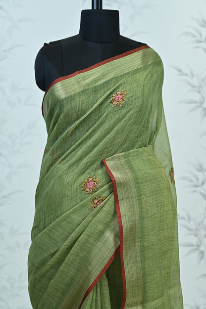 Saanvi Bloom Linen Tissue Saree Green Saree featured