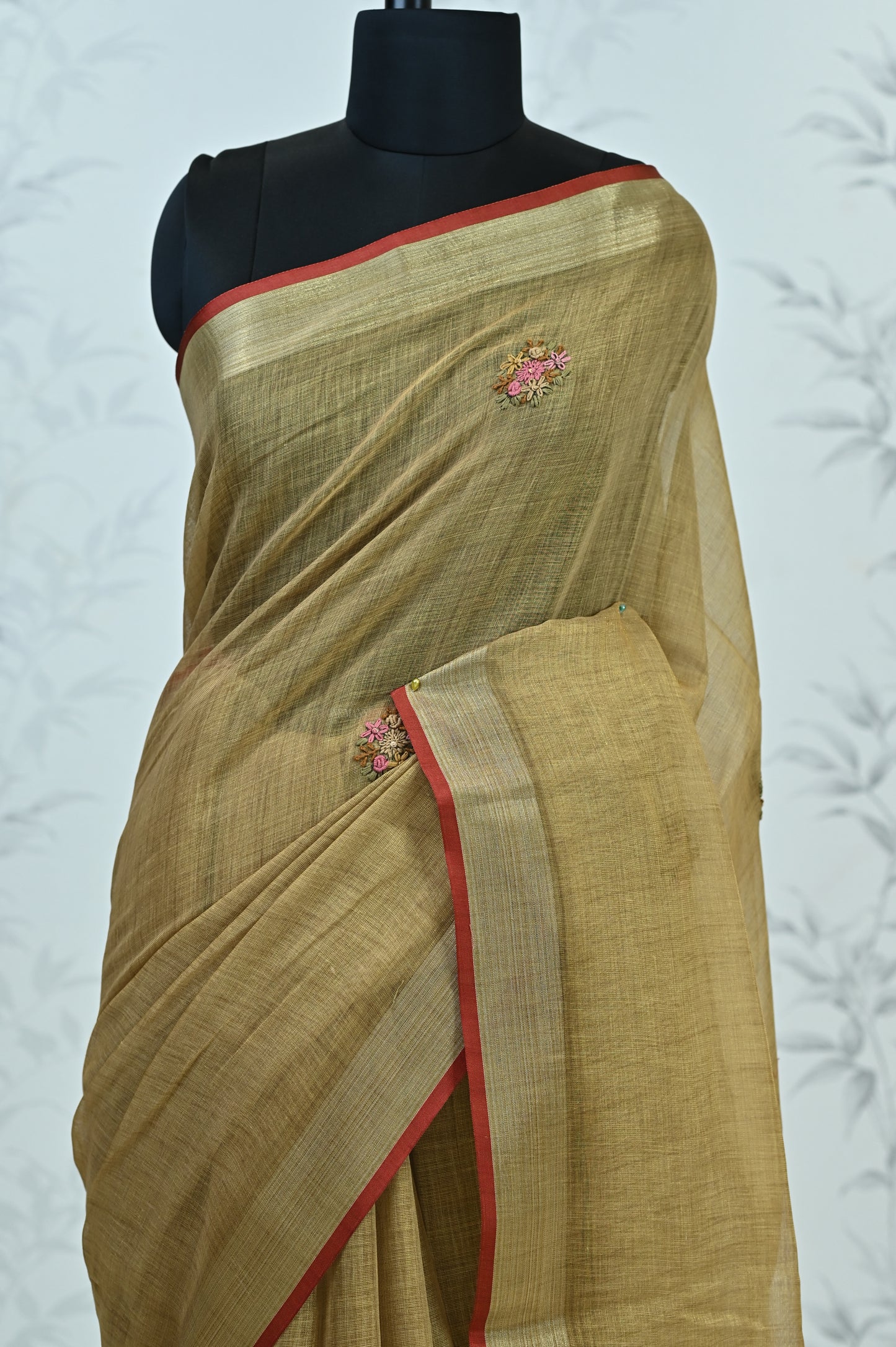 Saanvi Bloom Linen Tissue Saree Golden Saree featured