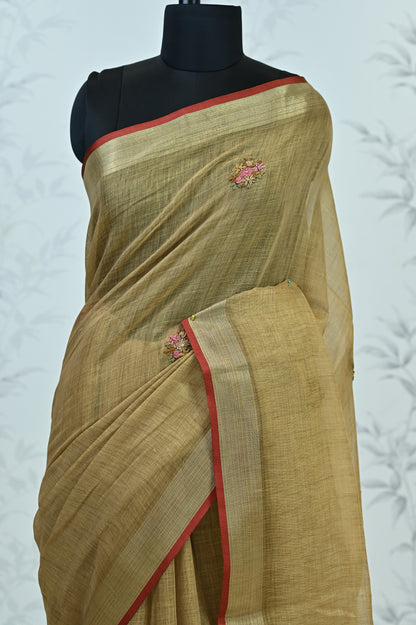 Saanvi Bloom Linen Tissue Saree Golden Saree featured