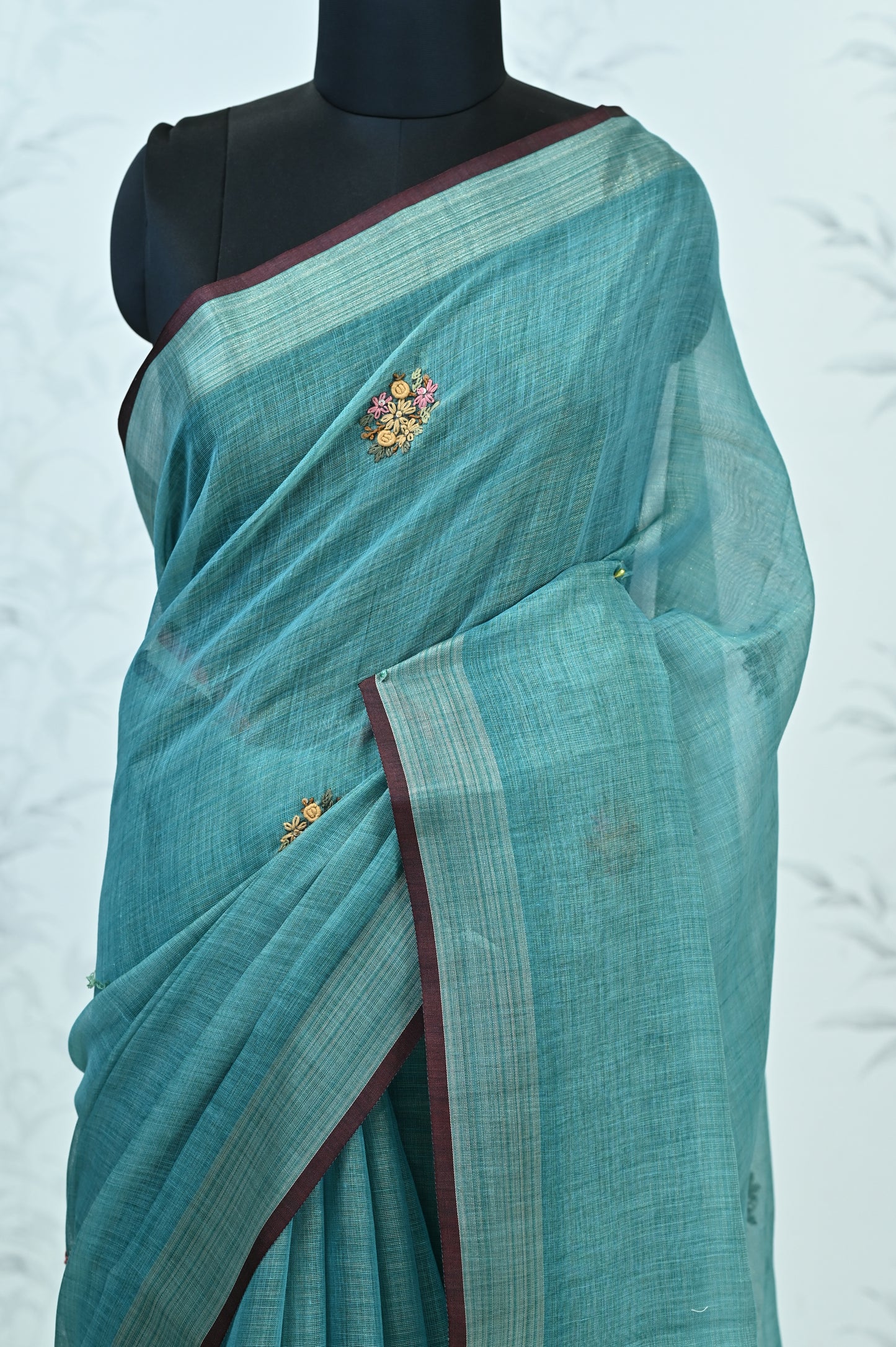Saanvi Bloom Linen Tissue Saree Blue Saree featured