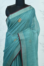 Load image into Gallery viewer, Saanvi Bloom Linen Tissue Saree Blue Saree featured
