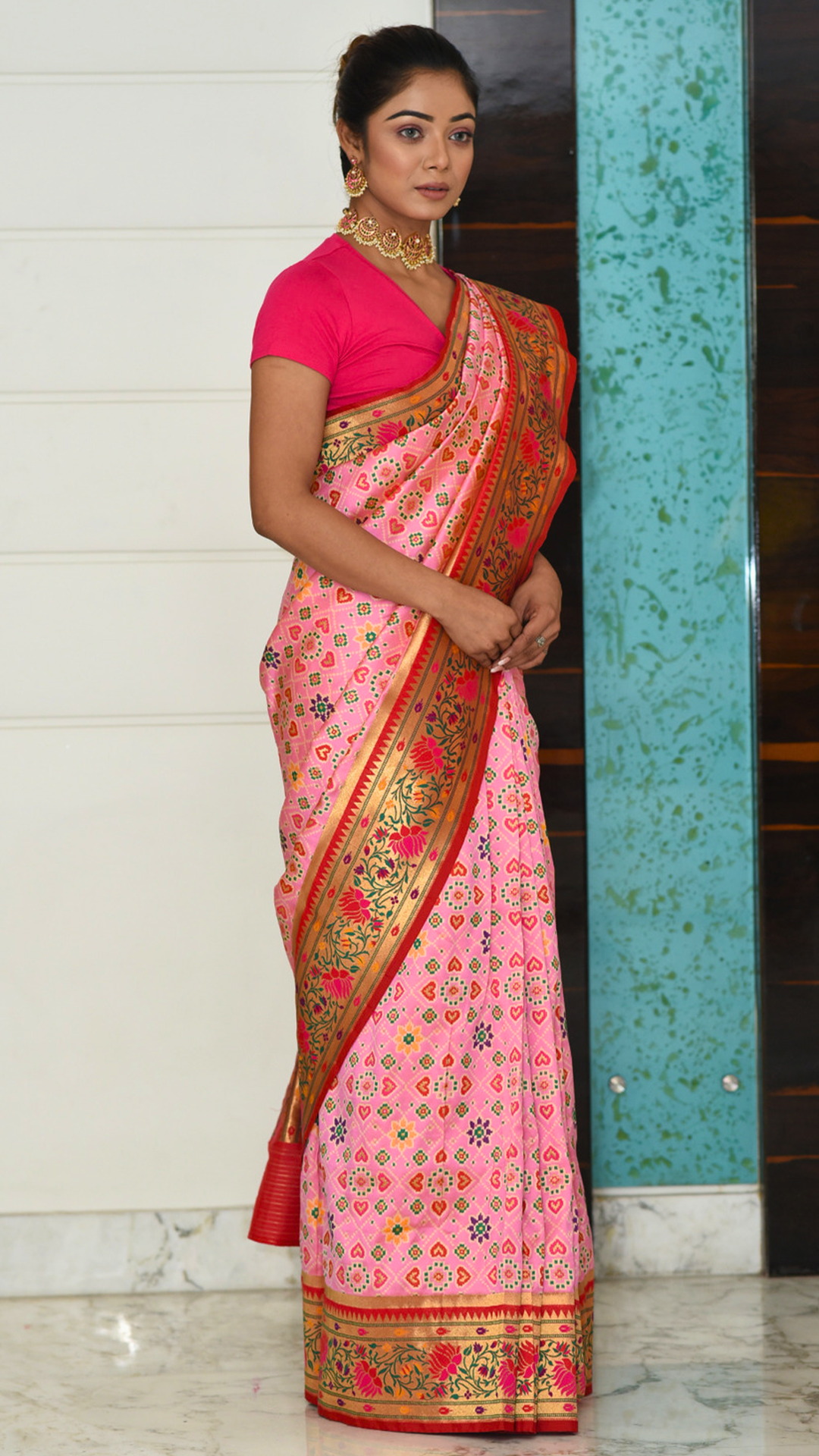 Rose Pink Patola Zari Print Saree Saree