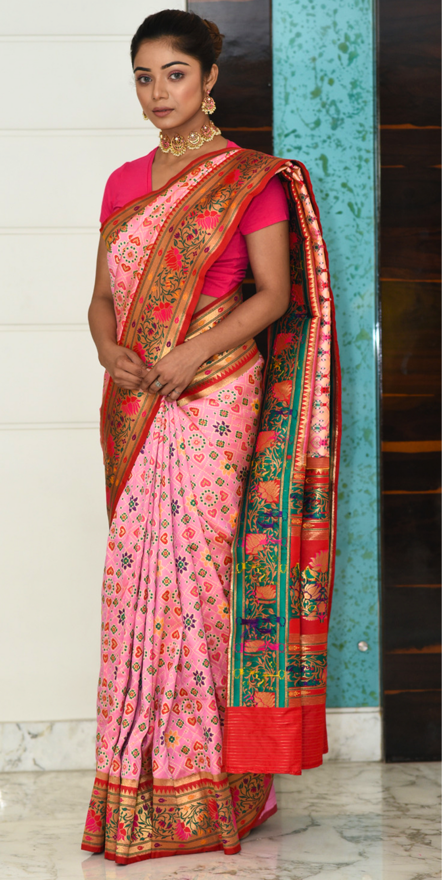 Rose Pink Patola Zari Print Saree Saree