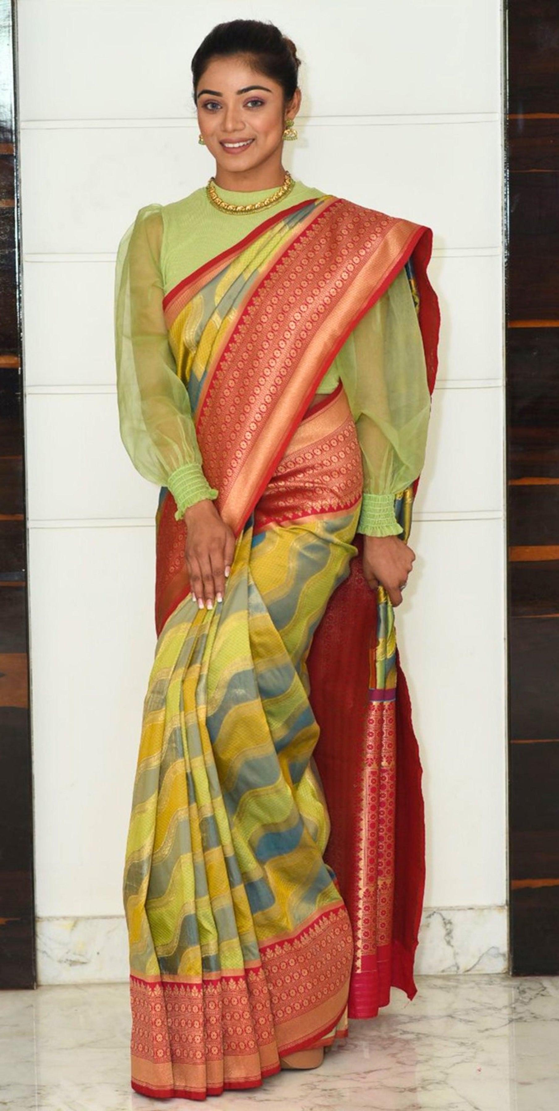 Green Wave Pattern Saree with Red Zari Border Saree
