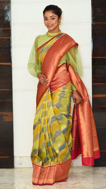 Green Wave Pattern Saree with Red Zari Border Saree