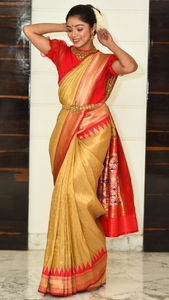Golden Red Zari Powerloom Silk saree Saree