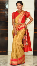 Load image into Gallery viewer, Golden Red Zari Powerloom Silk saree Saree
