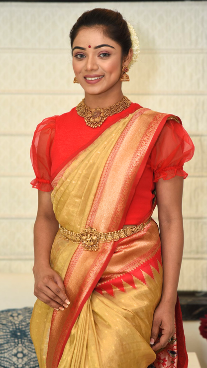 Golden Red Zari Powerloom Silk saree Saree