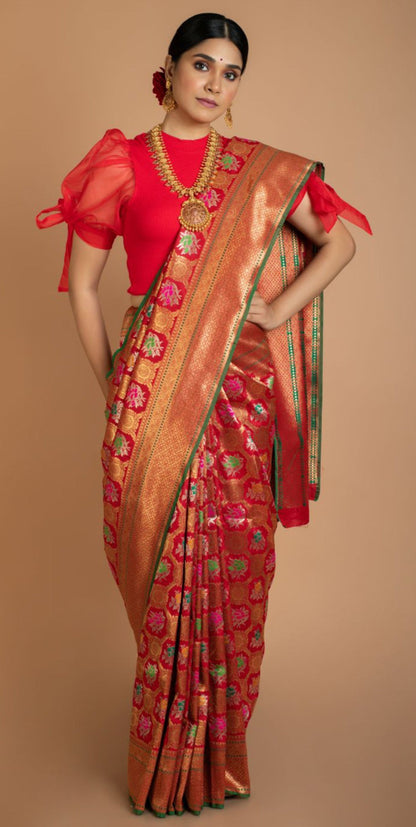 Red Floral Banarasi Silk Saree Saree