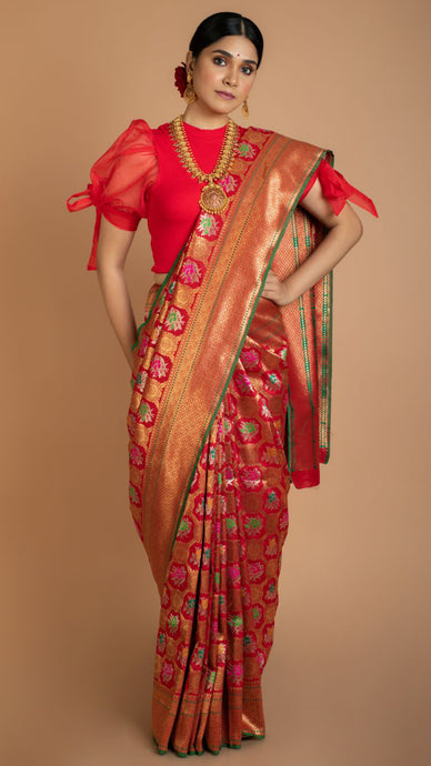 Red Floral Banarasi Silk Saree Saree