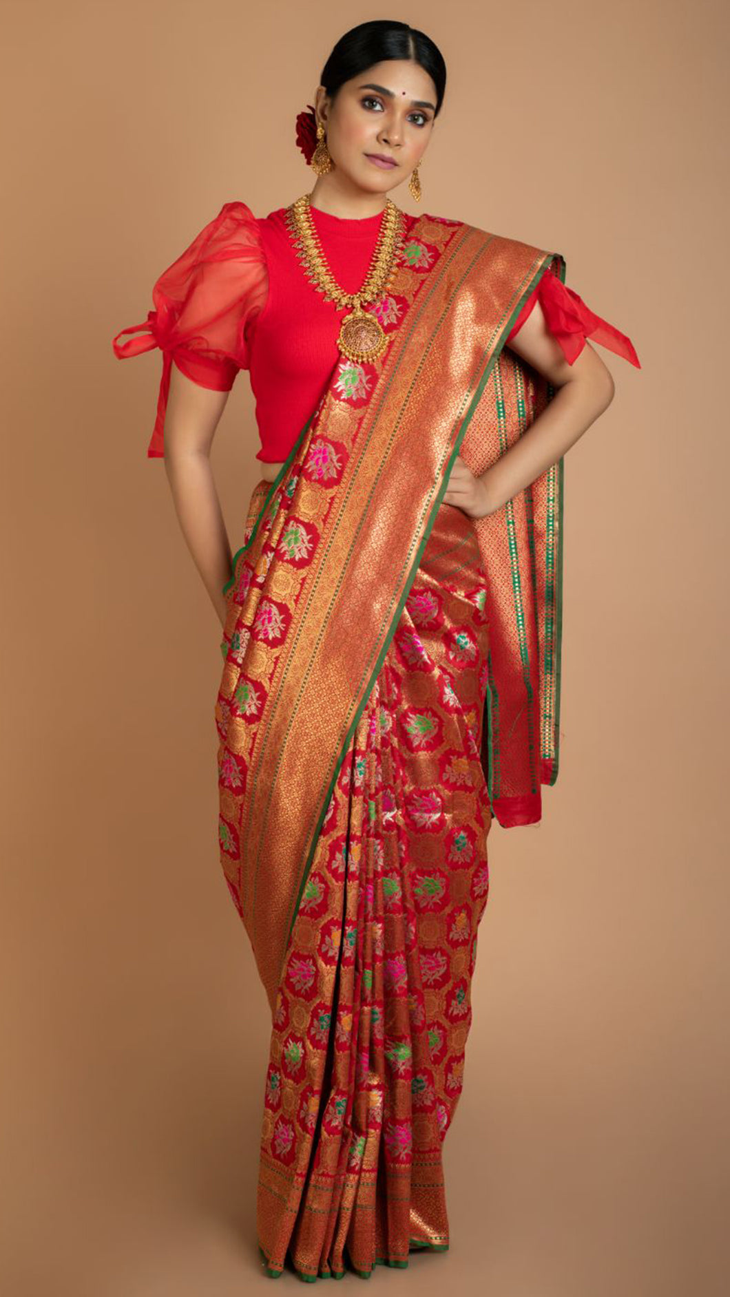 Rust Red Designer Embroidered Silk Party Wear Saree | Saira's Boutique