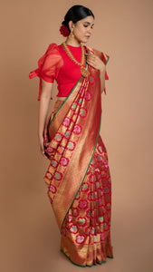 Red Floral Banarasi Silk Saree Saree