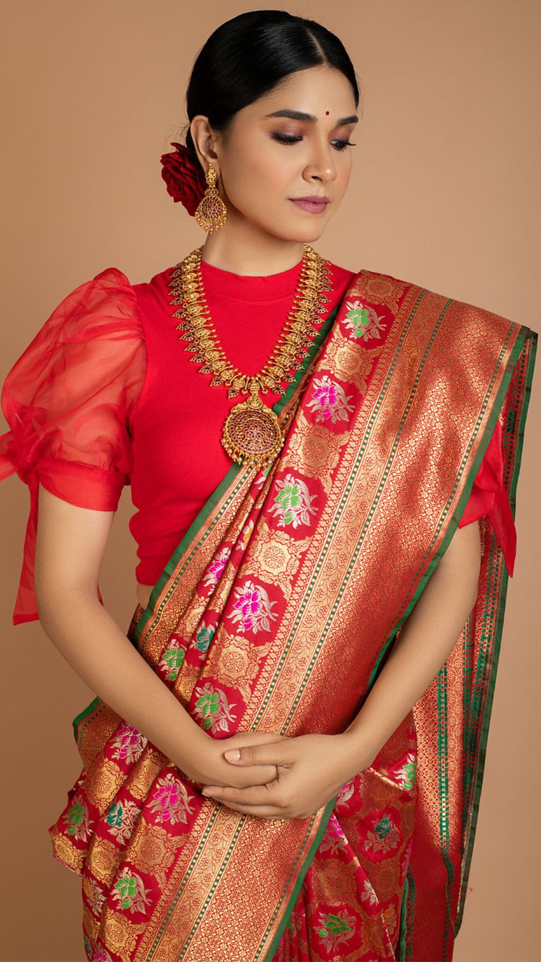 Red Floral Banarasi Silk Saree Saree