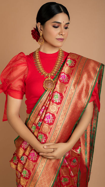 Red Floral Banarasi Silk Saree Saree