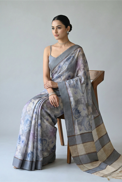 Rohini Bloom Semi Tussar Saree Blue featured