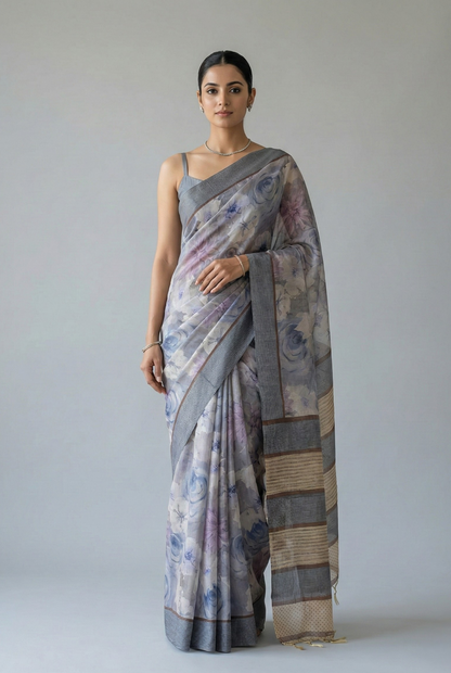Rohini Bloom Semi Tussar Saree Blue featured