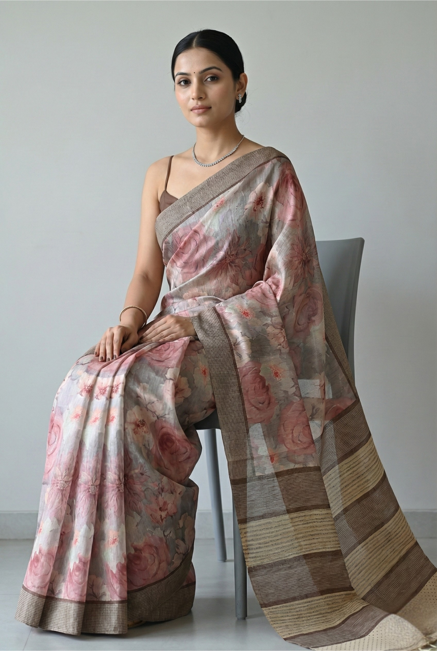 Rohini Bloom Semi Tussar Saree Brown featured