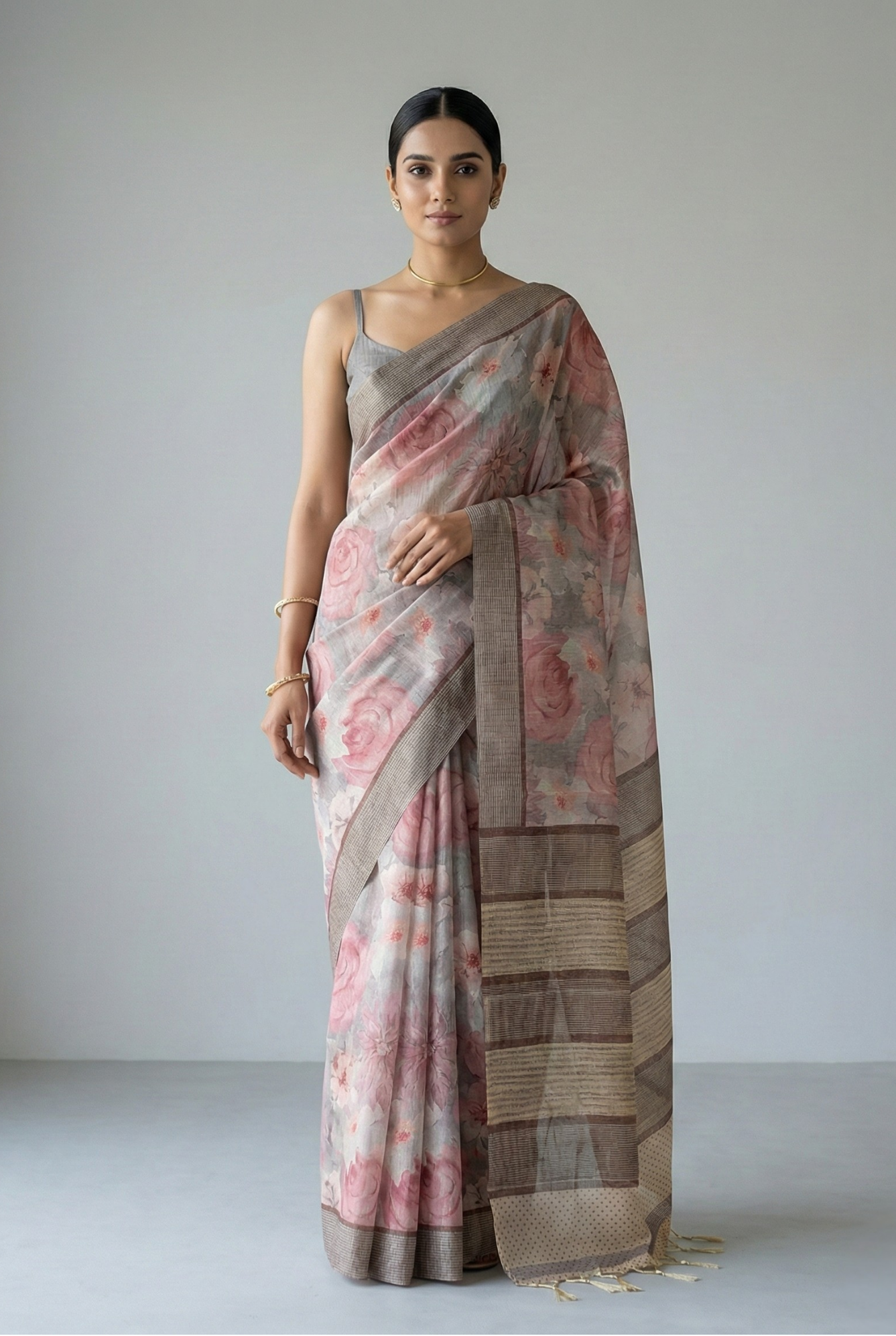 Rohini Bloom Semi Tussar Saree Brown featured