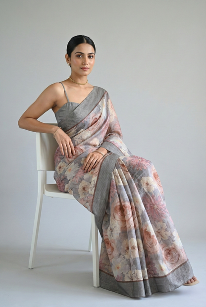 Rohini Bloom Semi Tussar Saree Grey featured