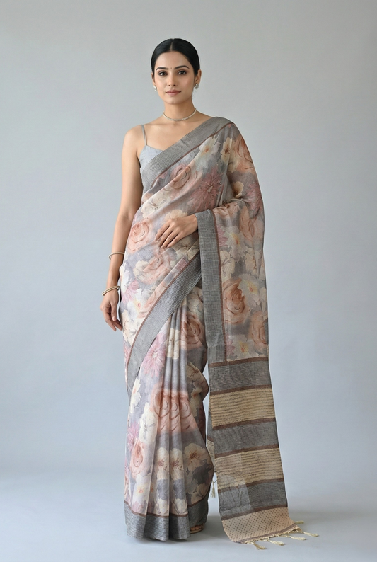 Rohini Bloom Semi Tussar Saree Grey featured