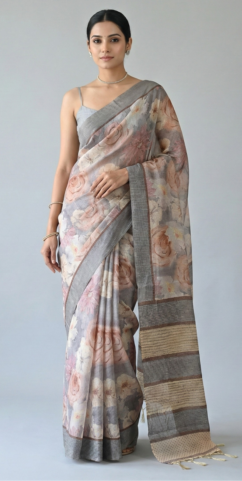 Rohini Bloom Semi Tussar Saree Grey featured removed