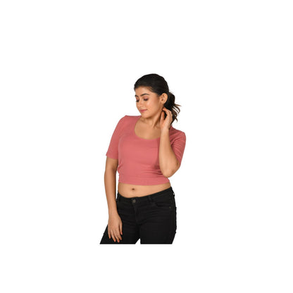Hosiery Blouse- Regular Deep Round Neck - Rose Pink - Blouse featured