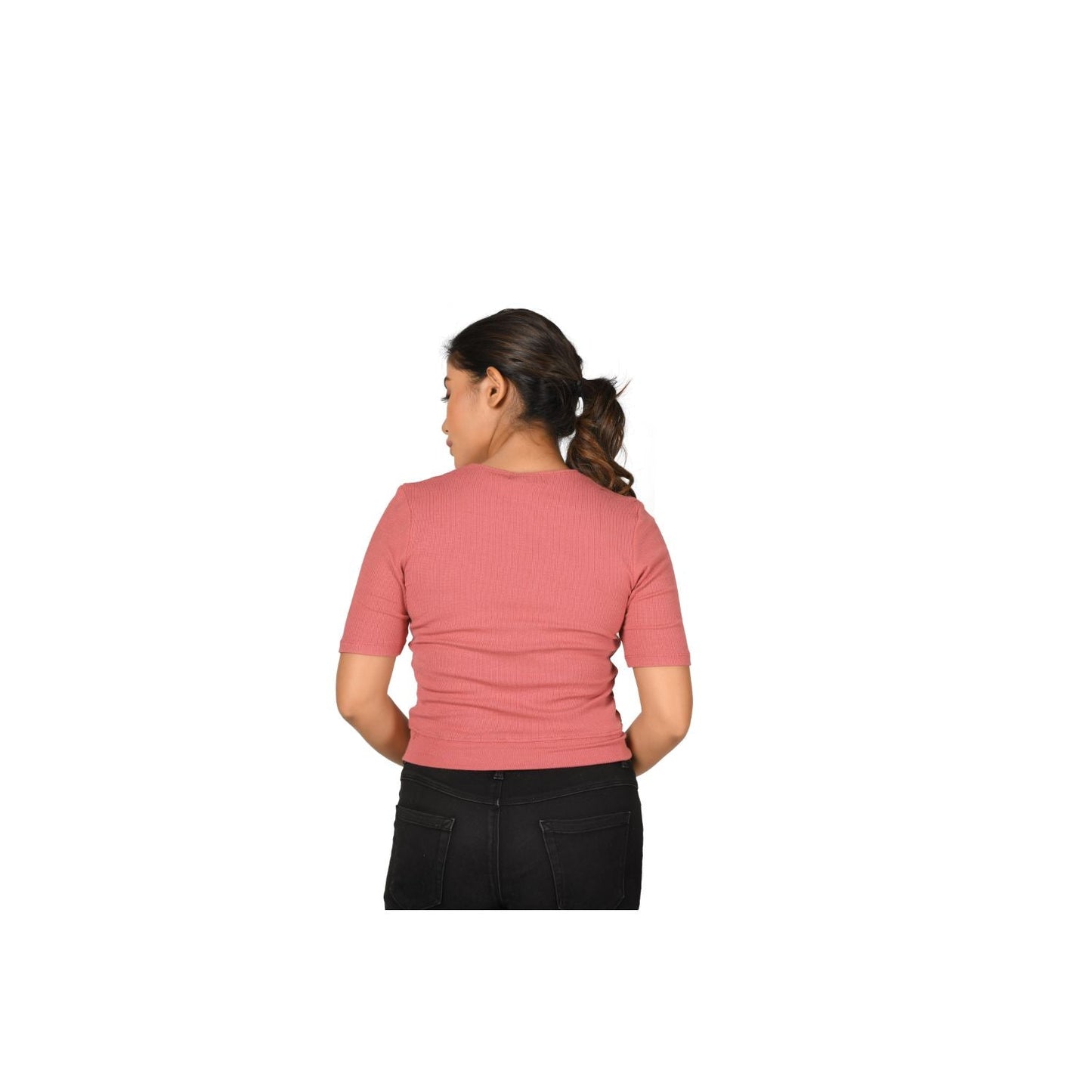 Hosiery Blouse- Regular Deep Round Neck - Rose Pink - Blouse featured
