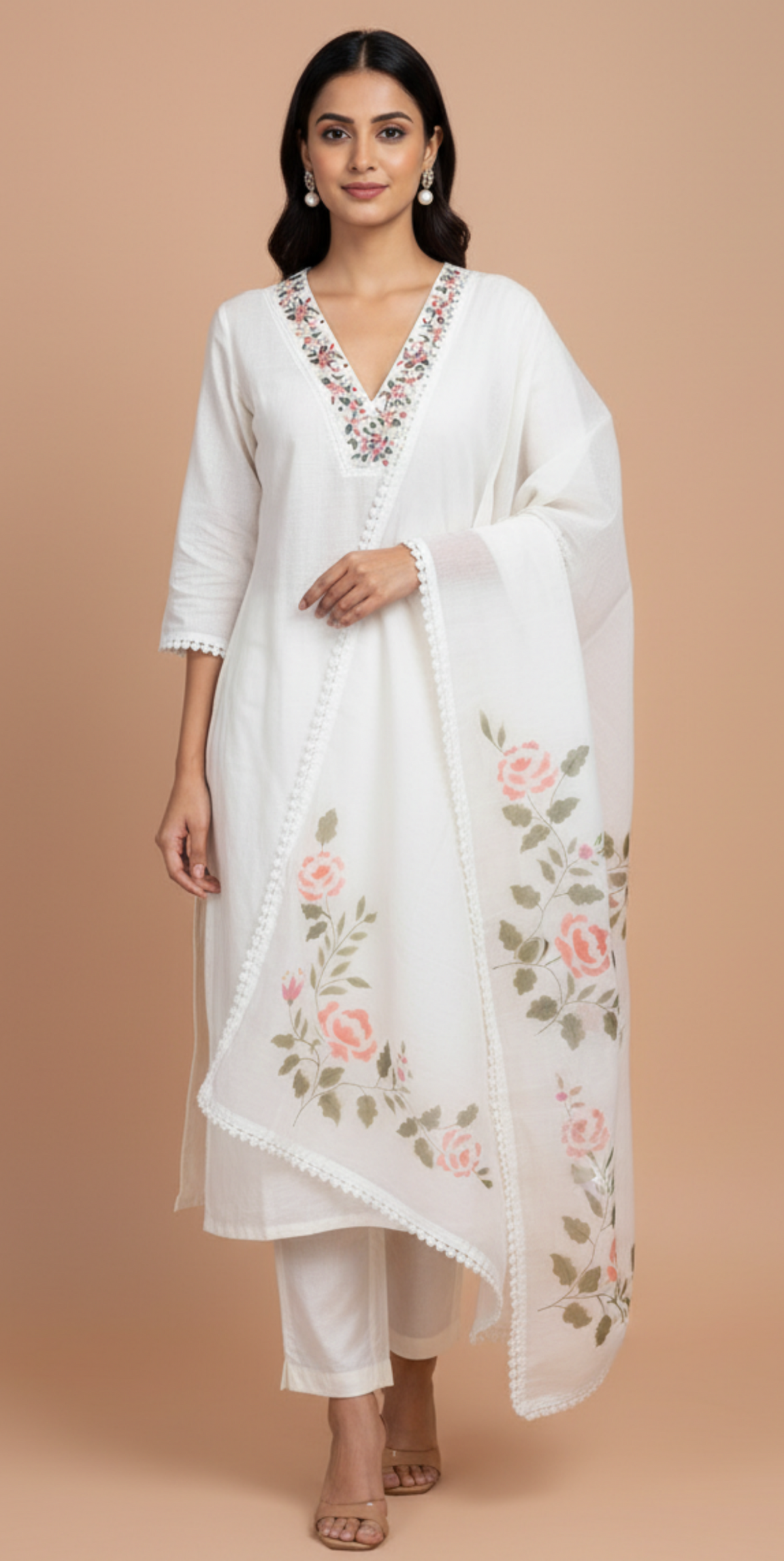 Rose Vignette Mal Chanderi Kurti Material Light Beige featured