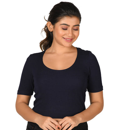 Hosiery Blouse- Regular Deep Round Neck - Royal Blue - Blouse featured