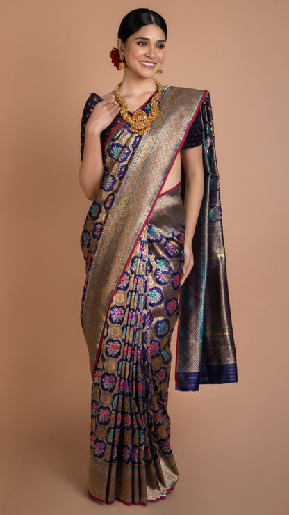 Royal Blue Floral Banarasi Silk Saree Saree