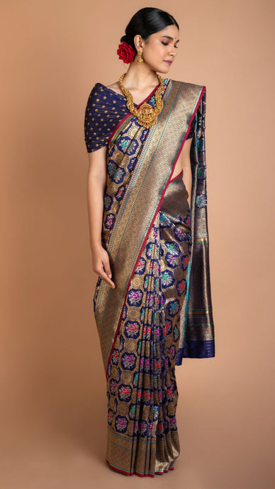 Royal Blue Floral Banarasi Silk Saree Saree