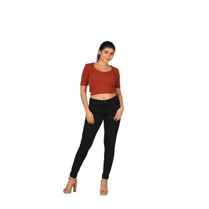 Hosiery Blouse- Regular Deep Round Neck - Rust - Blouse featured