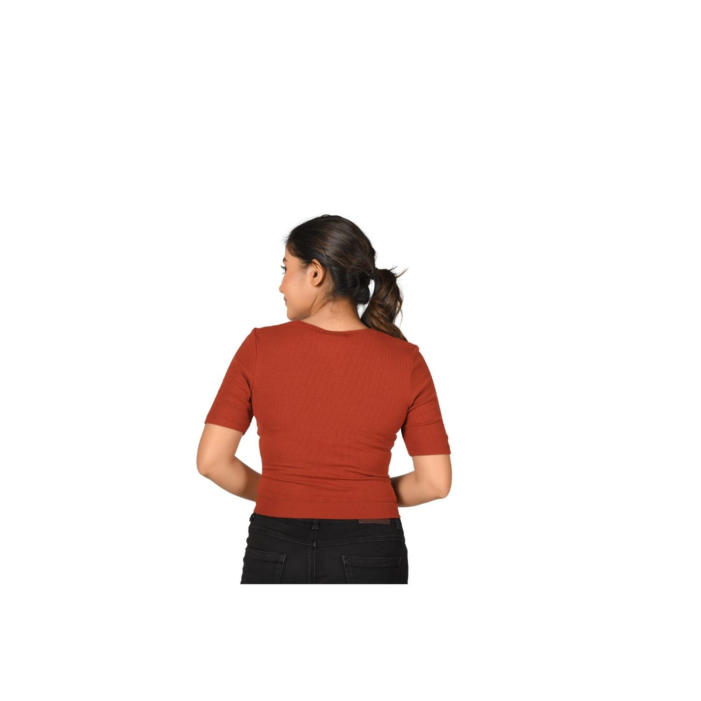 Hosiery Blouse- Regular Deep Round Neck - Rust - Blouse featured