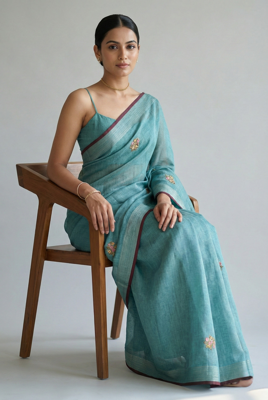 Saanvi Bloom Linen Tissue Saree Blue Saree featured