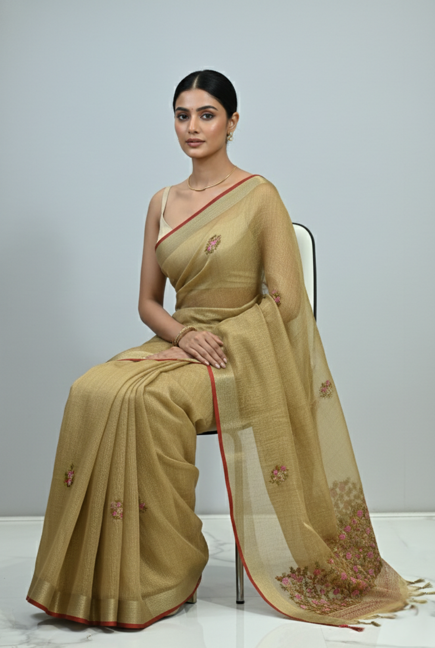 Saanvi Bloom Linen Tissue Saree Golden Saree featured