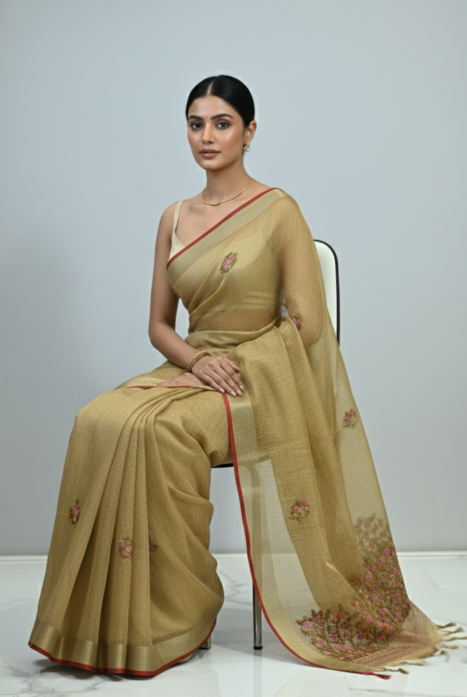 Saanvi Bloom Linen Tissue Saree Golden Saree featured