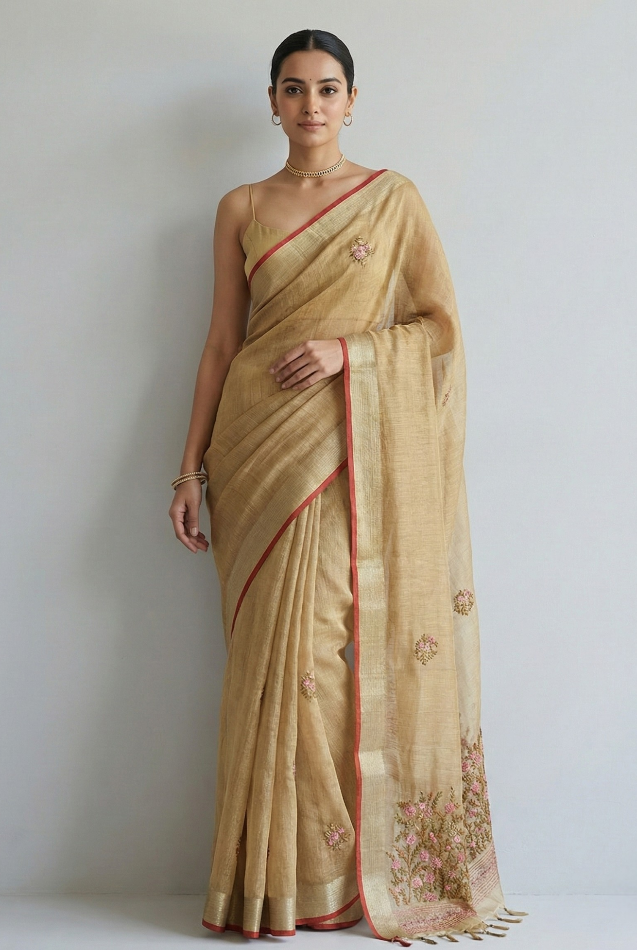 Saanvi Bloom Linen Tissue Saree Golden Saree featured