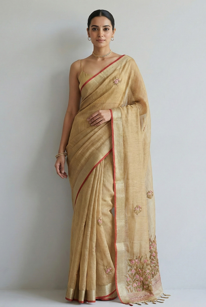Saanvi Bloom Linen Tissue Saree Golden Saree featured