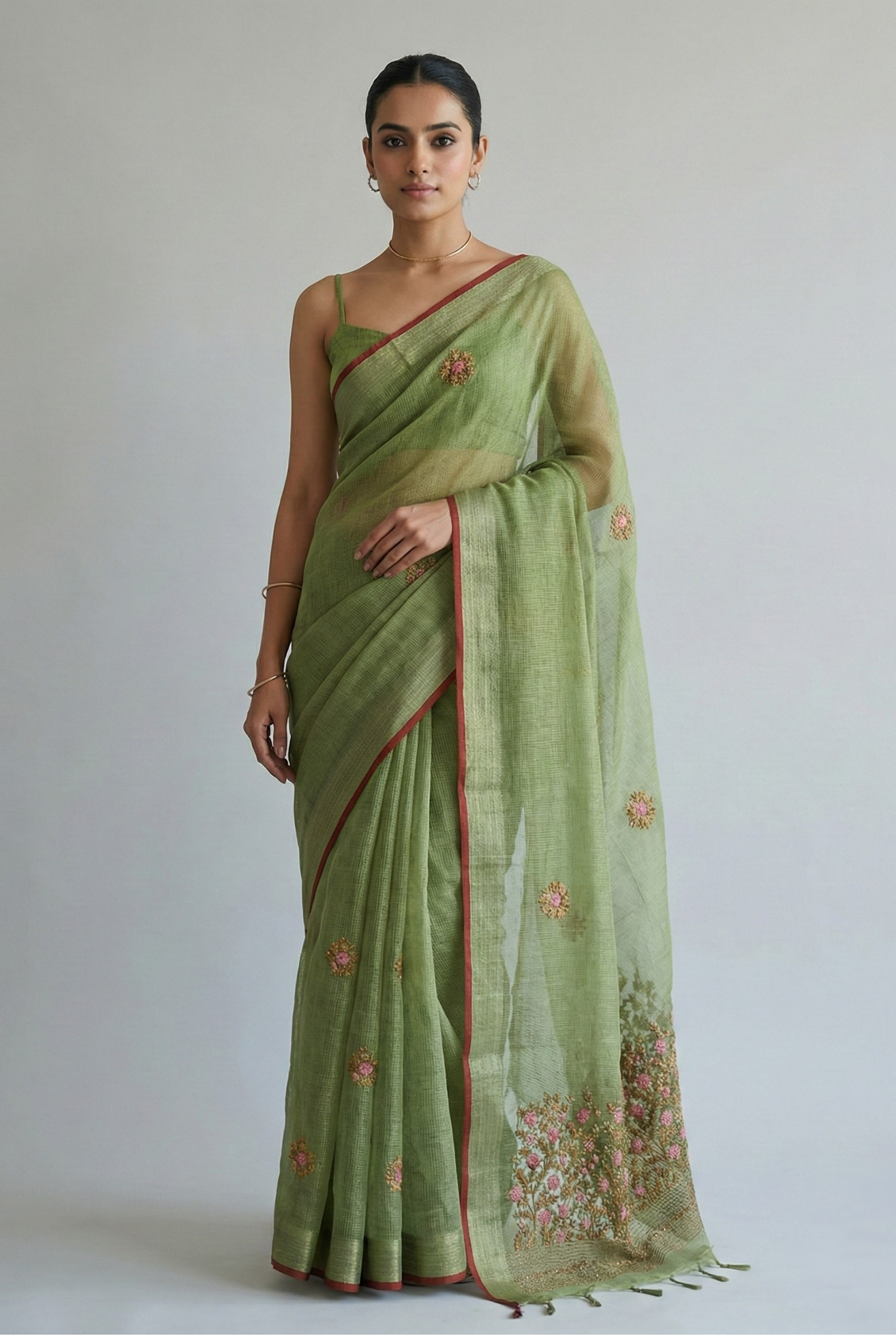 Saanvi Bloom Linen Tissue Saree Green Saree featured