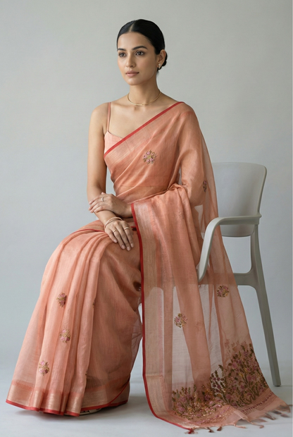 Saanvi Bloom Linen Tissue Saree Orange Saree featured