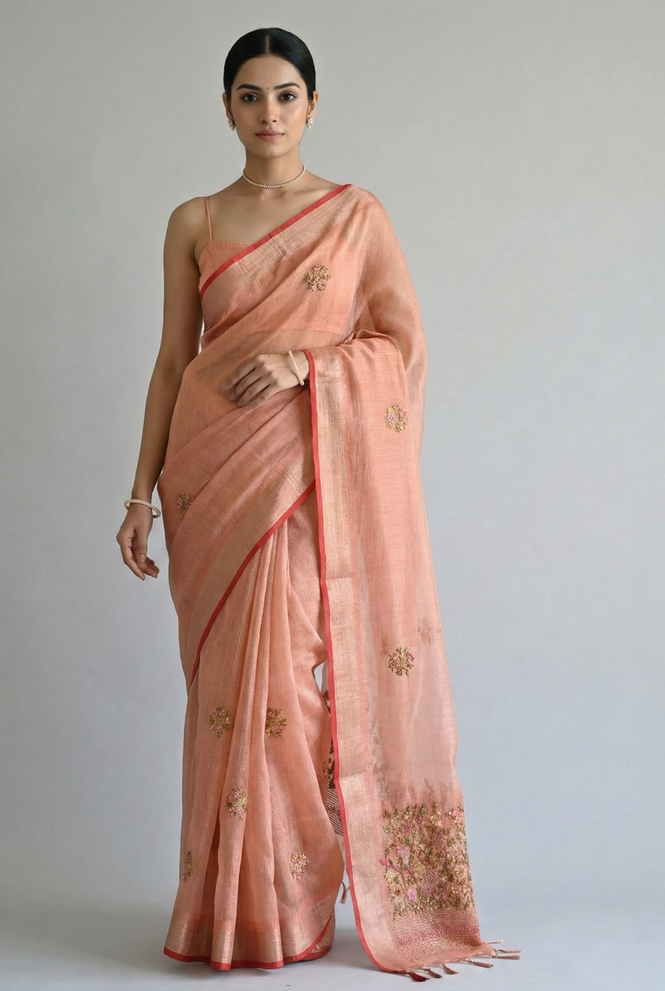 Saanvi Bloom Linen Tissue Saree Orange Saree featured