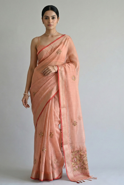 Saanvi Bloom Linen Tissue Saree Orange Saree featured